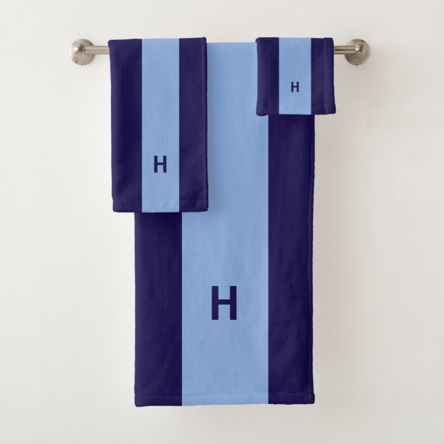 Nautical monogram on blue shades striped bath towel set (Insitu)