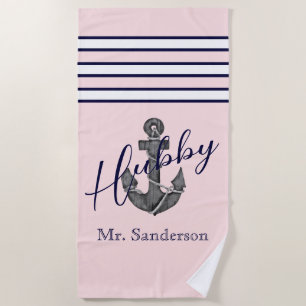 Nautical Monogram Pink and Navy Blue Anchor Beach Towel