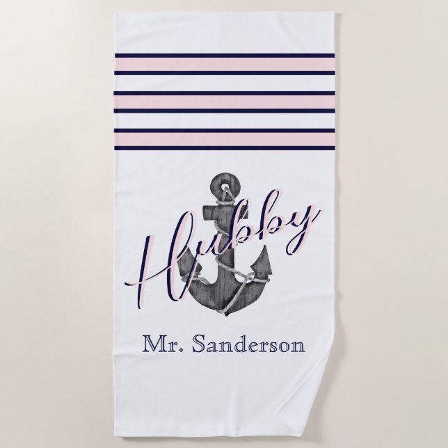 Nautical Monogram Pink and Navy Blue Anchor Beach Towel (Front)