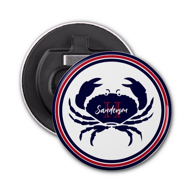 Nautical monogram red navy white crab  bottle opener (Front)