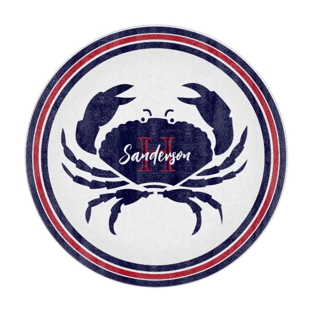 Nautical monogram red navy white crab  cutting board (Front)