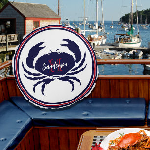 Nautical monogram red navy white crab  round cushion