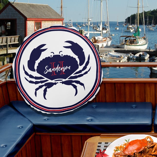 Nautical monogram red navy white crab  round cushion (Creator Uploaded)