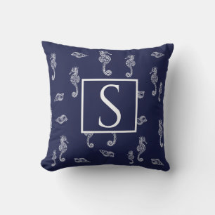 Nautical monogram Seahorse shell Navy Blue White Cushion