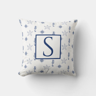 Nautical monogram Seahorse Starfish Navy Blue Cushion