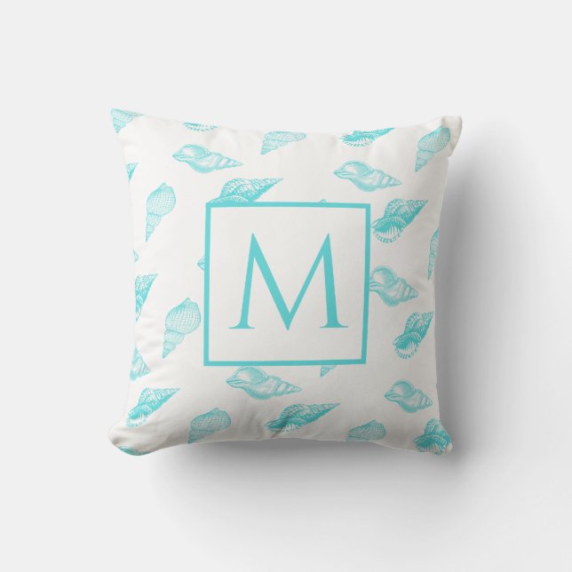 Nautical monogram Seashell Shells Aqua Teal Blue   Cushion (Front)