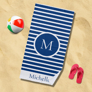 Nautical Monogram Striped Navy & White Beach Towel