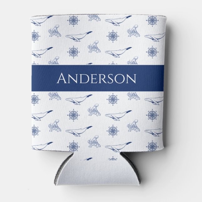  Nautical monogram Whales and octopus navy White  Can Cooler (Front)