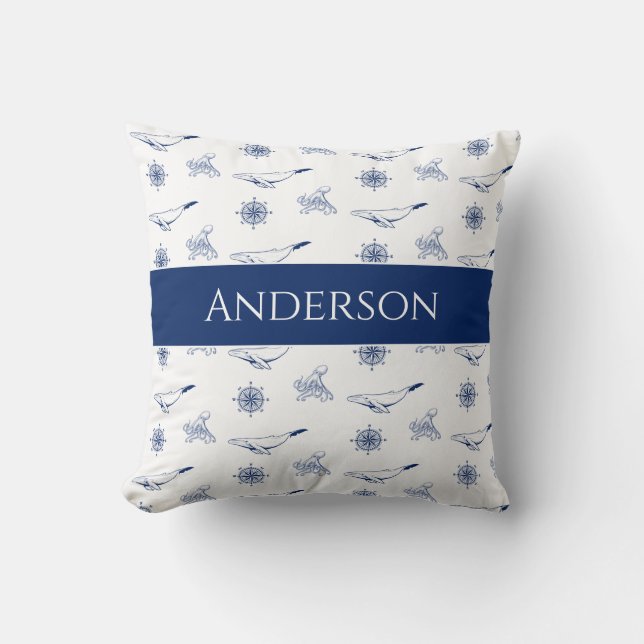  Nautical monogram Whales and octopus navy White Cushion (Front)