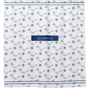 Nautical monogram Whales and octopus navy White Shower Curtain