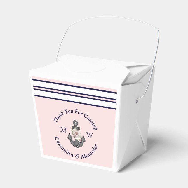 Nautical Monogrammed Pink Navy Blue Floral Anchor  Favour Box (Front Side)