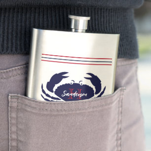 Nautical monogrammed red navy blue white crab hip flask