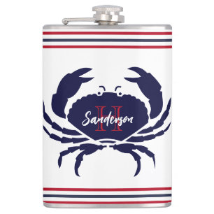 Nautical monogrammed red navy blue white crab hip flask