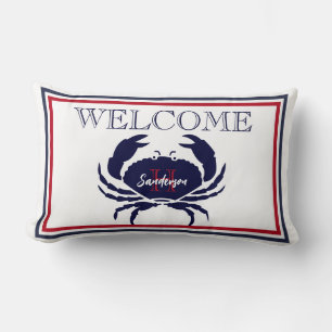 Nautical monogrammed red navy blue white crab  lumbar cushion