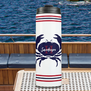 Nautical monogrammed red navy blue white  crab  thermal tumbler
