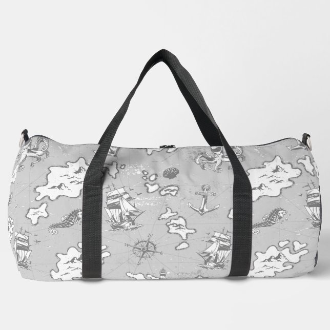 nautical monotone antique pirate map duffle bag (Front)