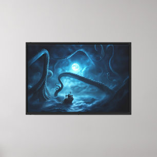 Nautical Monster Kraken Fishing Boat Dramatic Canvas Print