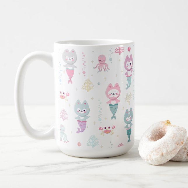 Nautical Mugs decorated with cute mermaid kittens. (With Donut)