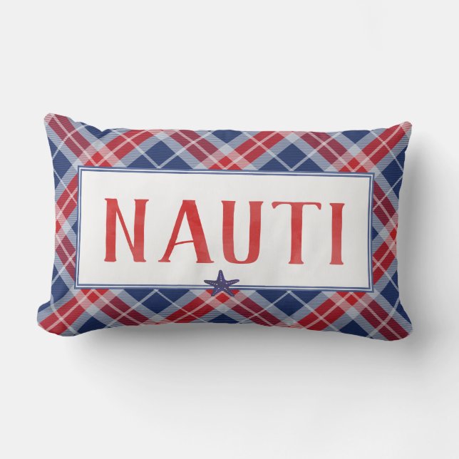 Nautical NAUTI Christmas Starfish Blue Red Plaid Lumbar Cushion (Front)
