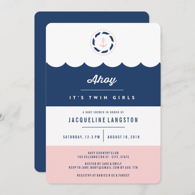 Nautical Navy Ahoy Twin Girls Baby Shower Invite (Front/Back)