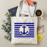Nautical Navy Anchor and Stripes Wedding Gift Bag<br><div class="desc">Nautical wedding gift bag with navy blue stripes and tan text.  A ship's anchor in the centre and template text at the top and bottom of the design.  Add the couple's names and wedding date to this favour bag.</div>