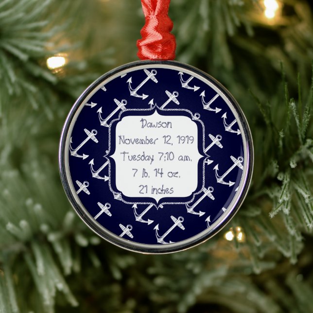 Nautical Navy Anchor Baby Birth Record Keepsake Metal Ornament (Tree)