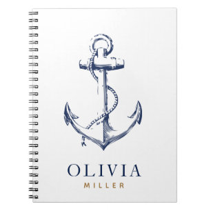 Nautical Navy Anchor Blue Gold Monogram Notebook