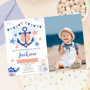 Nautical Navy Anchor Boy 1st Birthday Photo Invitation