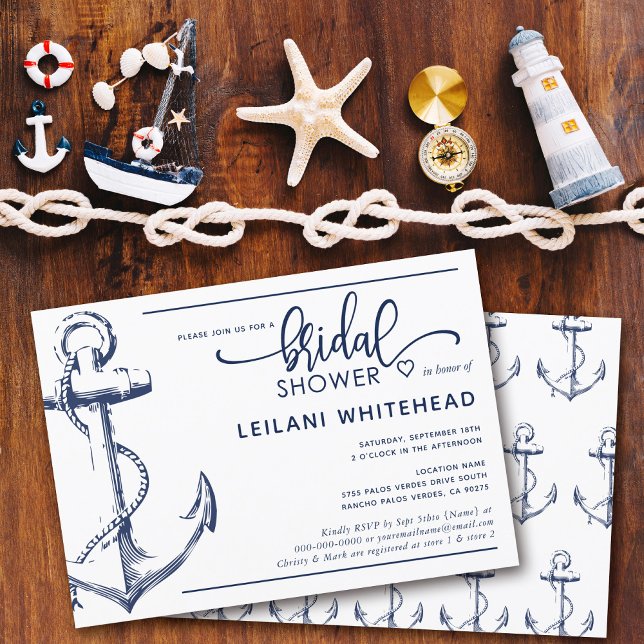 Nautical Navy Anchor Bridal Shower White Invitation (Creator Uploaded)