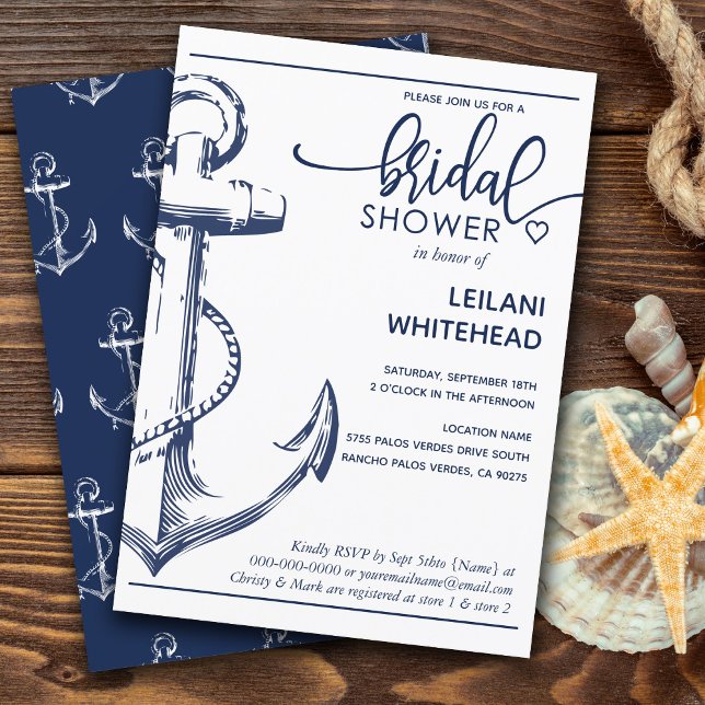 Nautical Navy Anchor Bridal Shower White Invitation (Creator Uploaded)