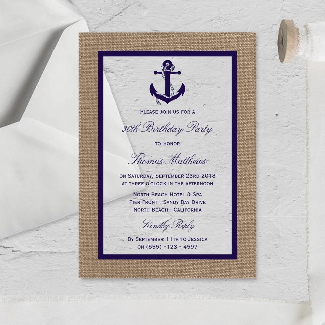 Nautical Navy Anchor Burlap Beach Birthday Party Acrylic Invitations (Creator Uploaded)