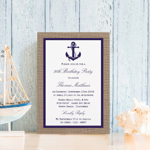 Nautical Navy Anchor Burlap Beach Birthday Party Invitation