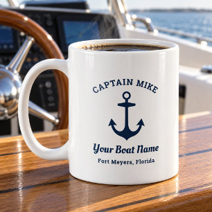 Nautical Navy Anchor Captain Boat Name Coffee Mug