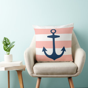 Nautical Navy Anchor Coral White Stripe Cushion