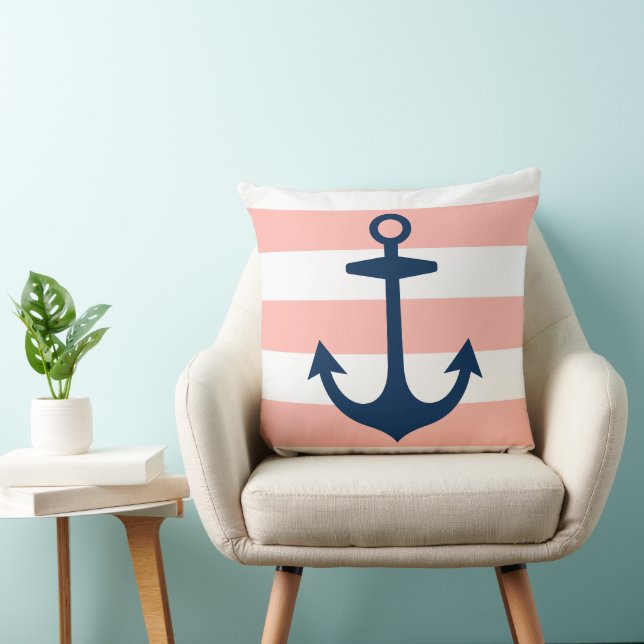 Nautical Navy Anchor Coral White Stripe Cushion (Chair)