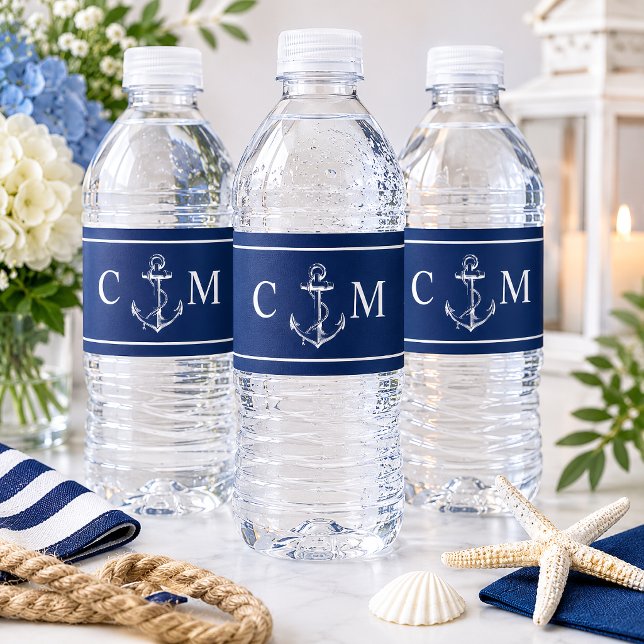 Nautical Navy Anchor Initial Wedding Water Bottle Label (This navy blue anchor wedding bottle labels in a classic nautical style make the perfect add on.)