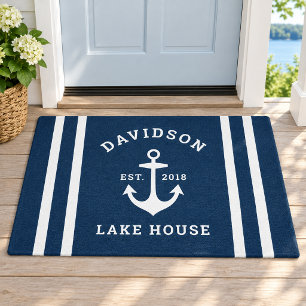Nautical Navy Anchor Lake House Family Name Doormat