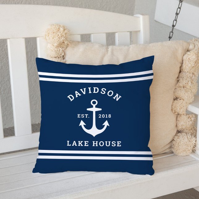 Nautical Navy Anchor Lake House Monogram Cushion (Creator Uploaded)