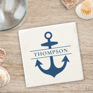 Nautical Navy Anchor Monogram Custom Stone Coaster