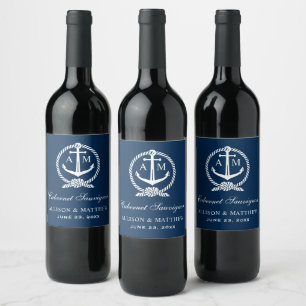 Nautical Navy Anchor Monogram Wedding Wine Label