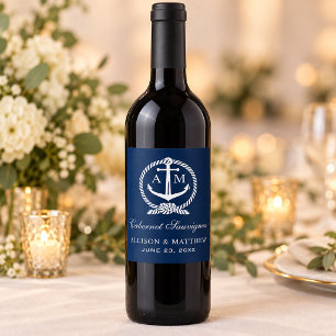 Nautical Navy Anchor Monogram Wedding Wine Label