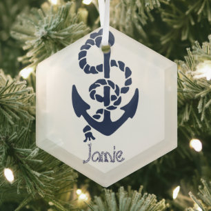 Nautical Navy Anchor Pattern Glass Tree Decoration