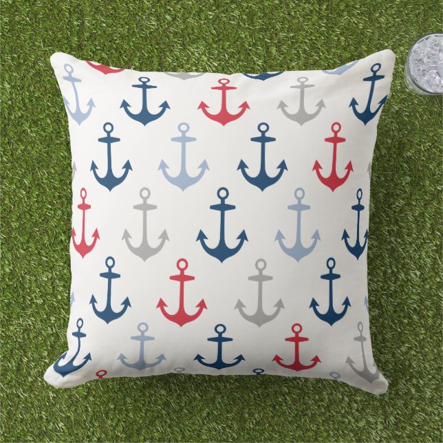 Nautical Navy Anchor Pattern Red White and Blue Cushion (Grass)