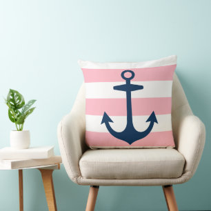 Nautical Navy Anchor Pink White Stripe Cushion