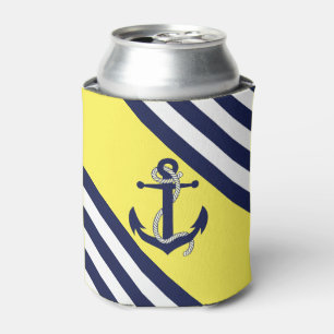 Nautical navy anchor/rope, blue stripe -lt yellow can cooler
