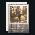 Nautical Navy Anchor Rustic Wood Photo Wedding Save The Date<br><div class="desc">When you are having a beach-inspired wedding and you want a little rustic flare this wedding suite accomplishes both. This invitation features a rustic wood background,  a dash line border,  and a nautical navy blue anchor.</div>