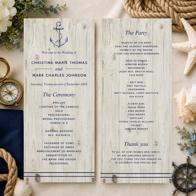 Nautical Navy Anchor Rustic Wood Wedding Program (A nautical-themed program perfect for beach weddings and weddings by the sea! )