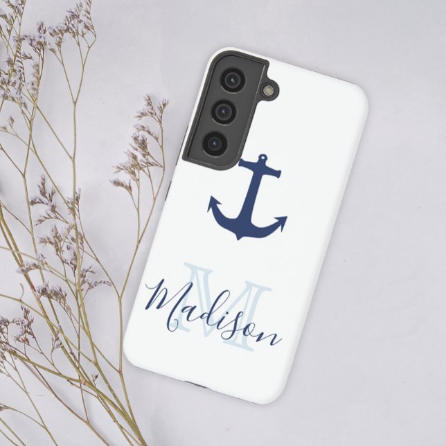 Nautical Navy Anchor Sail Cool Initial Name Samsung Galaxy S22 Case (Creator Uploaded)