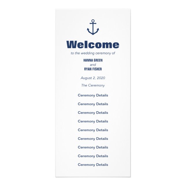 Nautical Navy Anchor Wedding Program Rack Card (Front)