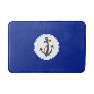 Nautical Navy anchor with gold rope Bath Mats